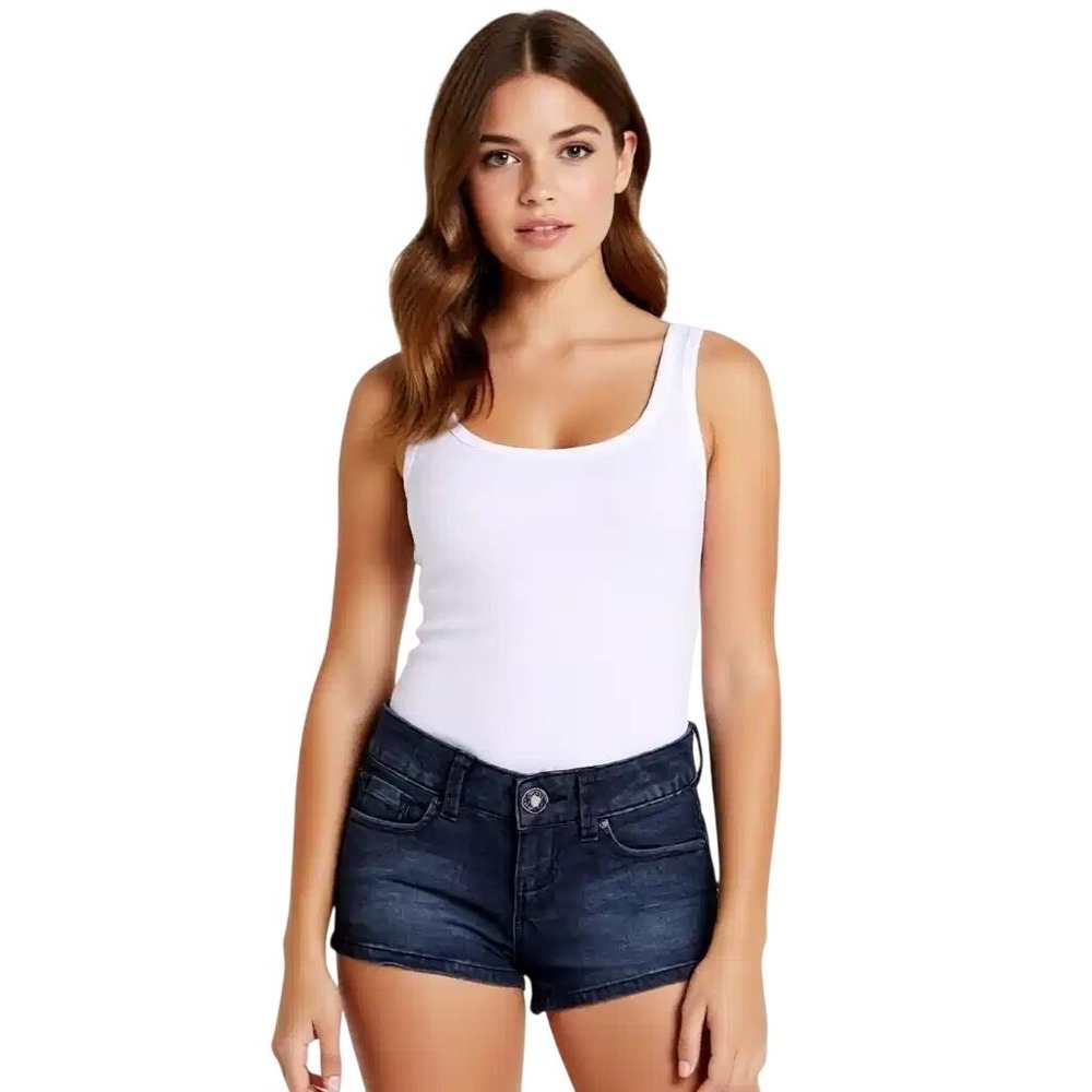 Guess Womens Dark Wash Denim Booty Shorts Rhinestone Logo Low Rise Size 25 NWT